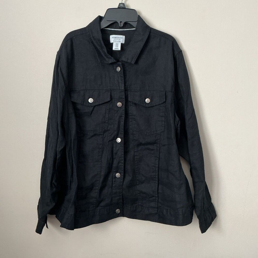 Jones & Co New York 100% LInen Trucker Style Jacket Black 1X Button Front